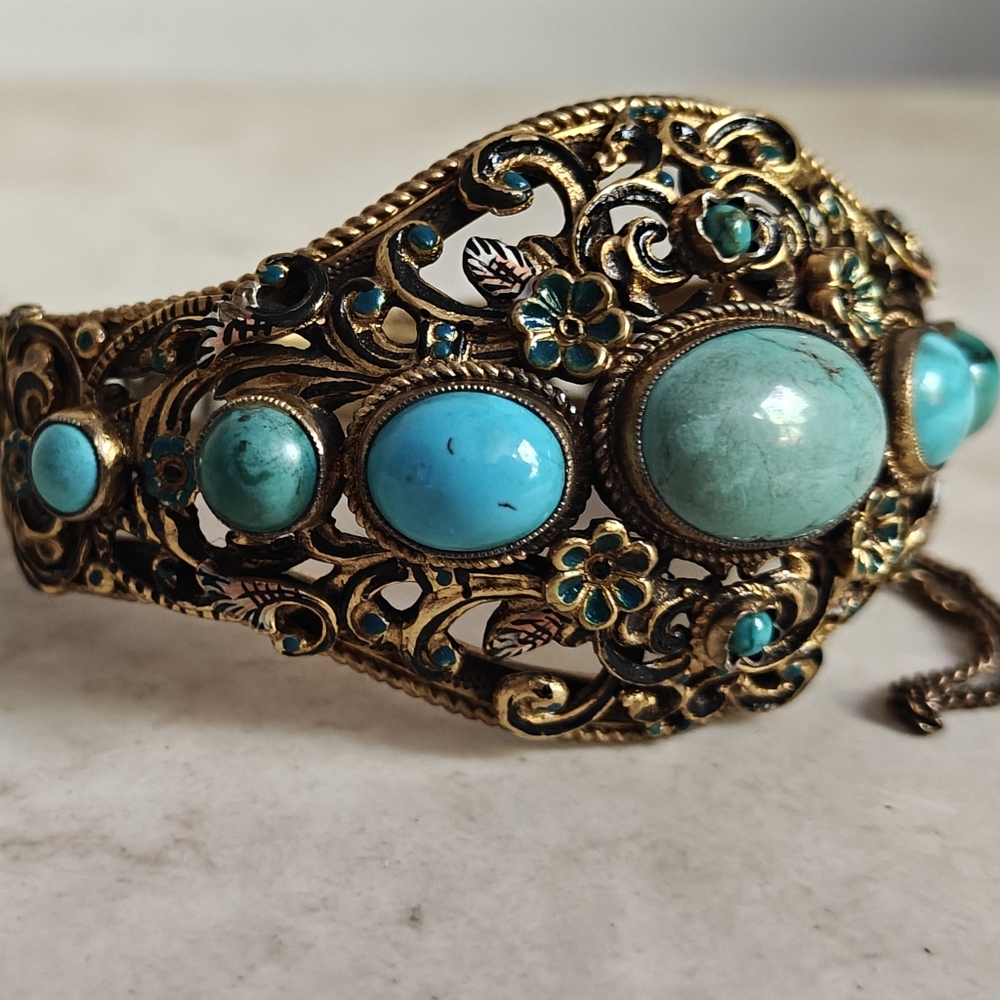 Antique Austro Hungarian Gilt Silver 925 Turquoise Bracelet